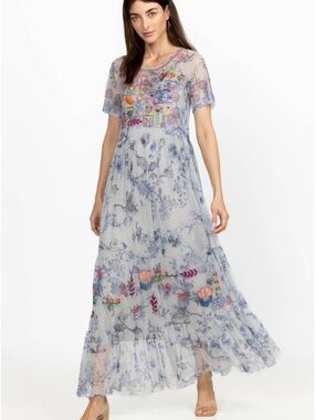 Johnny Was Logan Tiered Mesh Maxi Dress in Vintage Blue Floral